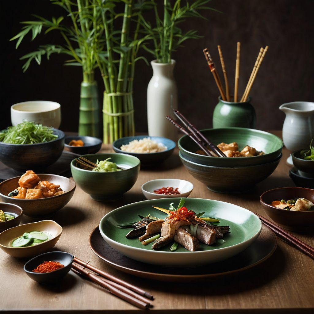 An elegant dining scene featuring meticulously arranged Asian utensils and chopsticks on a beautifully set table. Include intricate porcelain dishes with vibrant Asian cuisine, lush green bamboo accents, and soft ambient lighting that casts a warm glow. Capture the essence of cultural dining with detailed textures and harmonious colors. super-realistic. vibrant colors. soft focus.