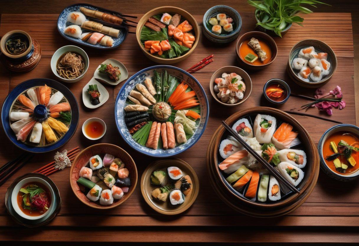 A beautifully arranged table showcasing a variety of Asian utensils such as chopsticks, bamboo steamers, and ornate bowls, surrounded by a colorful spread of Asian dishes like sushi, dim sum, and vibrant stir-fries. The setting should evoke elegance with soft lighting, incorporating natural elements like bamboo plants. Imagery should focus on the craftsmanship of the utensils, highlighting their intricate designs. super-realistic. vibrant colors. soft lighting.